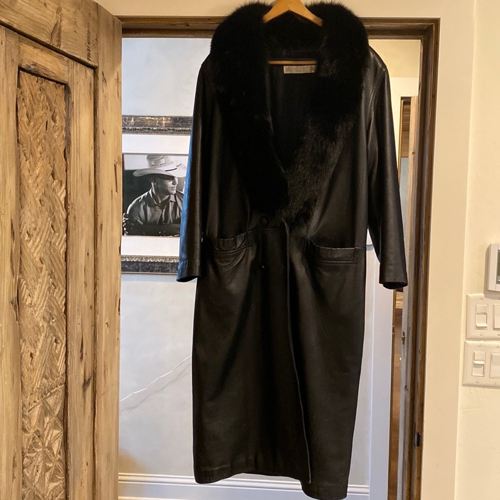 Vintage architect leather & fox fur trench coat